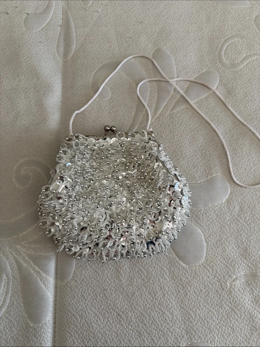 Silver Sequin Evening Clutch with Shoulder Cord